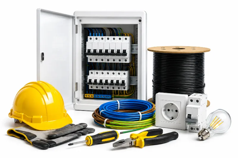 Quadro de distribuição com disjuntores, rolo de cabo, tomada e ferramentas de eletricista