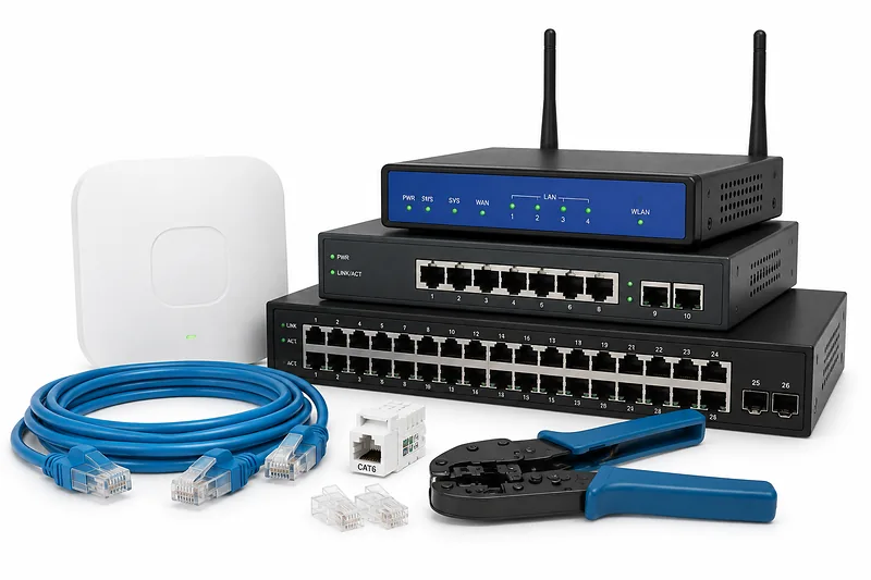 Roteador, switches, cabos de rede e alicate de crimpagem